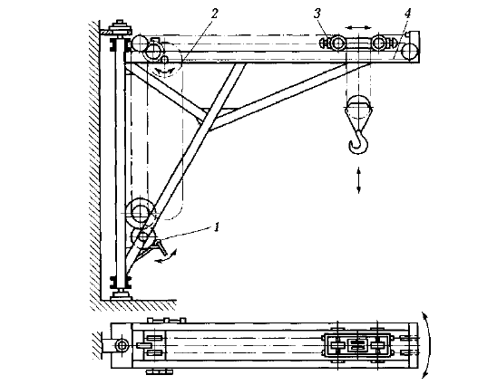 Консольный настенный поворотный кран с переменным выле­том и ручным приводом